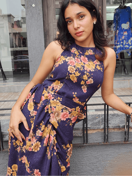 Deep Blue Floral Co-ord Set – Wrap Skirt & Crop Top
