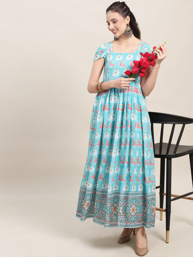 Pleated Sleeve Georgette Kurti - Blue