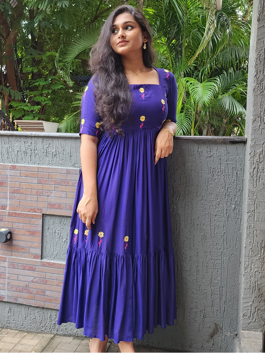 Embroidered Cotton Muslin Festive Dress - Royal Blue