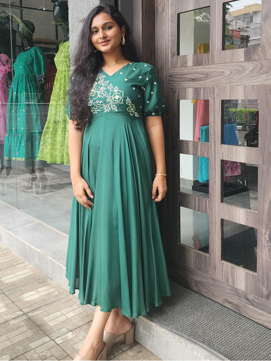 Embroidered Cotton Muslin Festive WearDress – Green