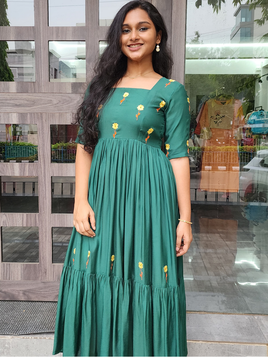 Embroidered Cotton Muslin Festive Dress - Green