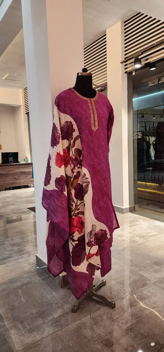 Purple Cotton Suit Set with Printed Floral Dupatta and Neckline Embroidery