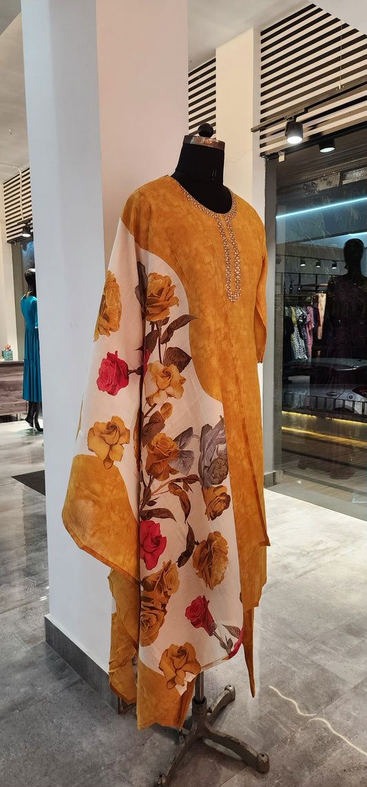 Yellow Cotton Suit Set with Floral Dupatta and Neckline Embroidery