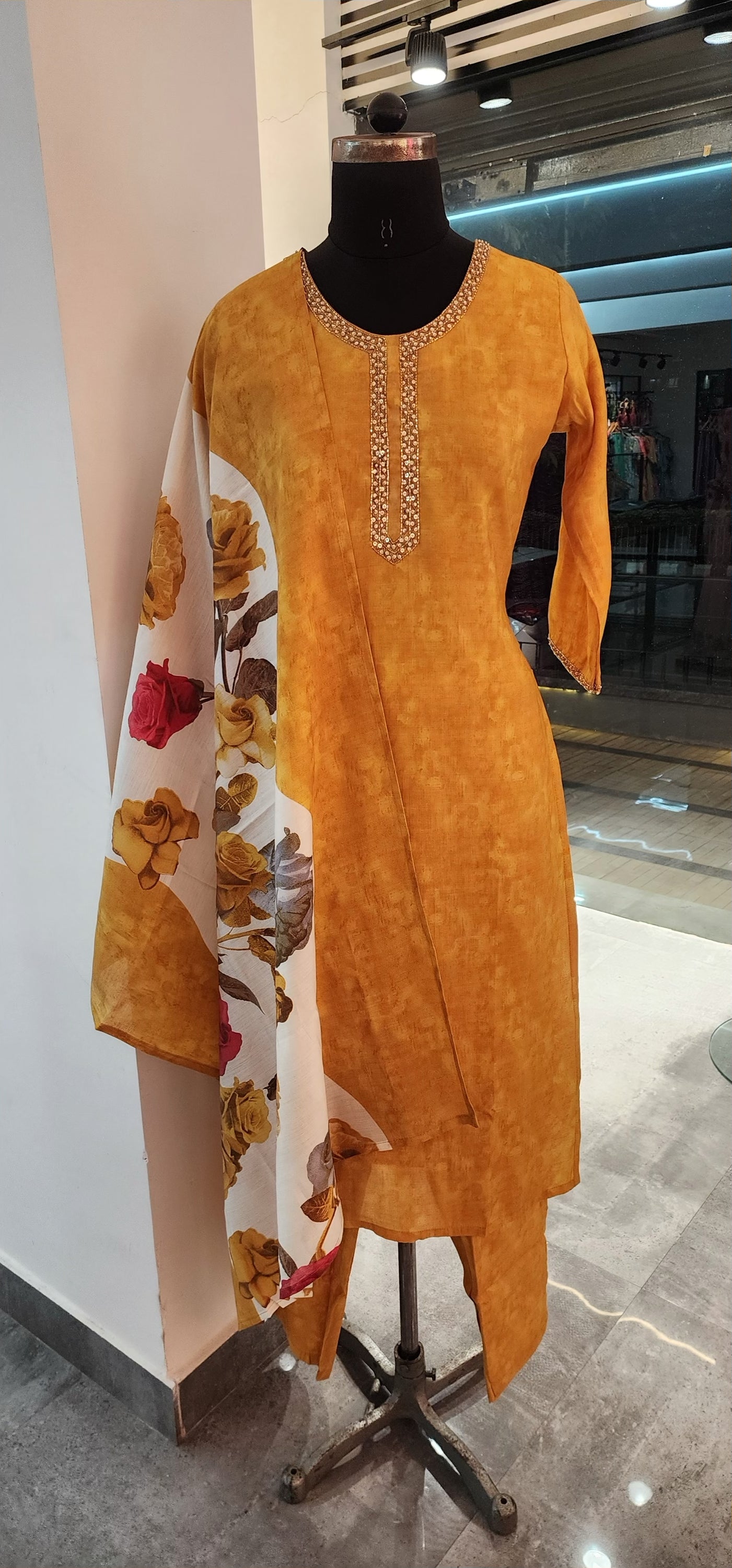Yellow Cotton Suit Set with Floral Dupatta and Neckline Embroidery
