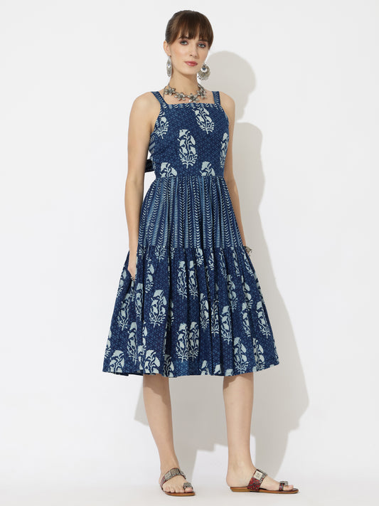 Back Tie Block Printed Cotton Midi Dress