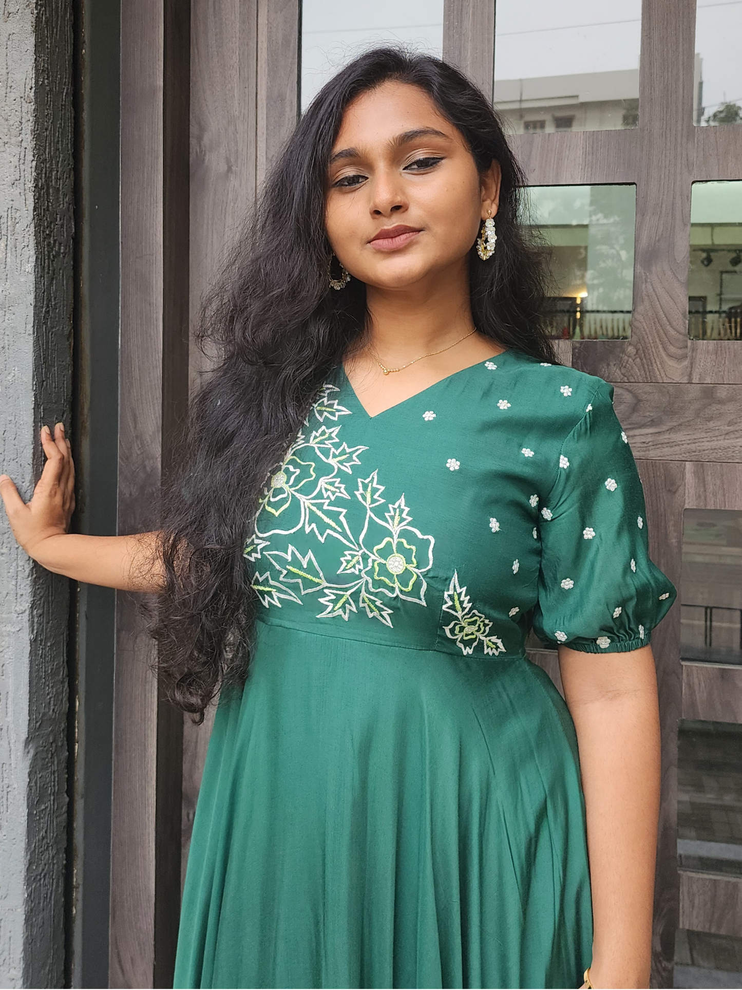 Embroidered Cotton Muslin Festive WearDress – Green