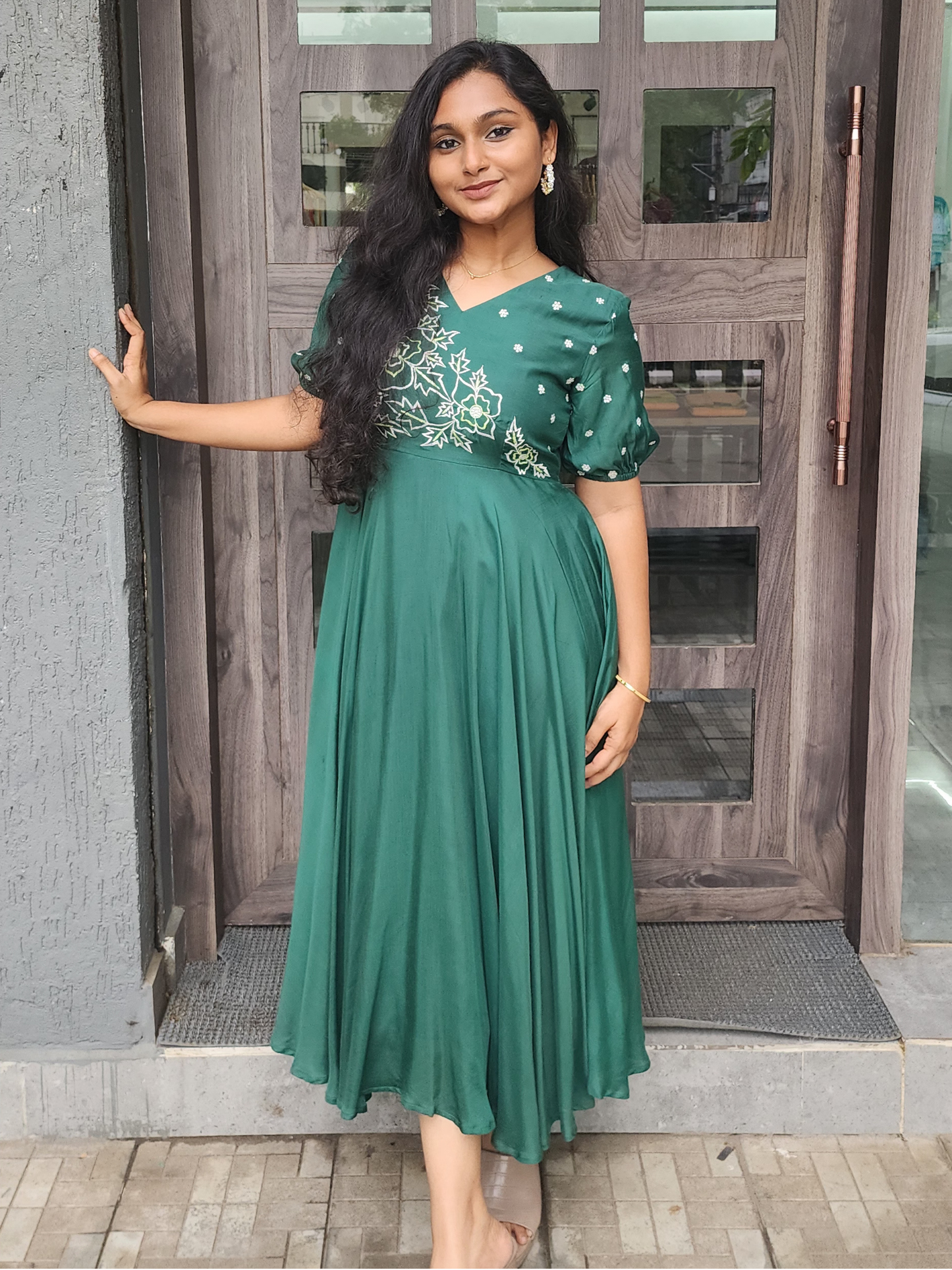 Embroidered Cotton Muslin Festive WearDress – Green