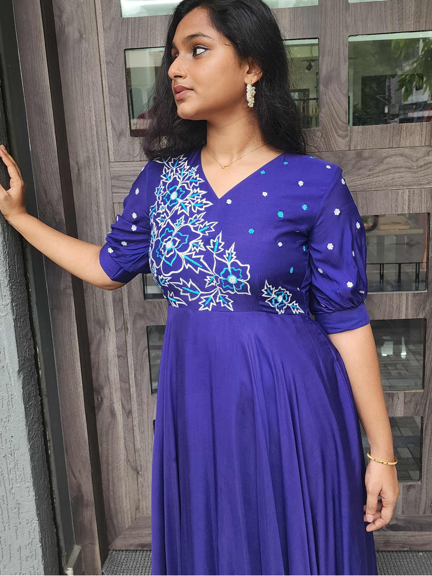 Embroidered Cotton Muslin Festive WearDress – Royal Blue