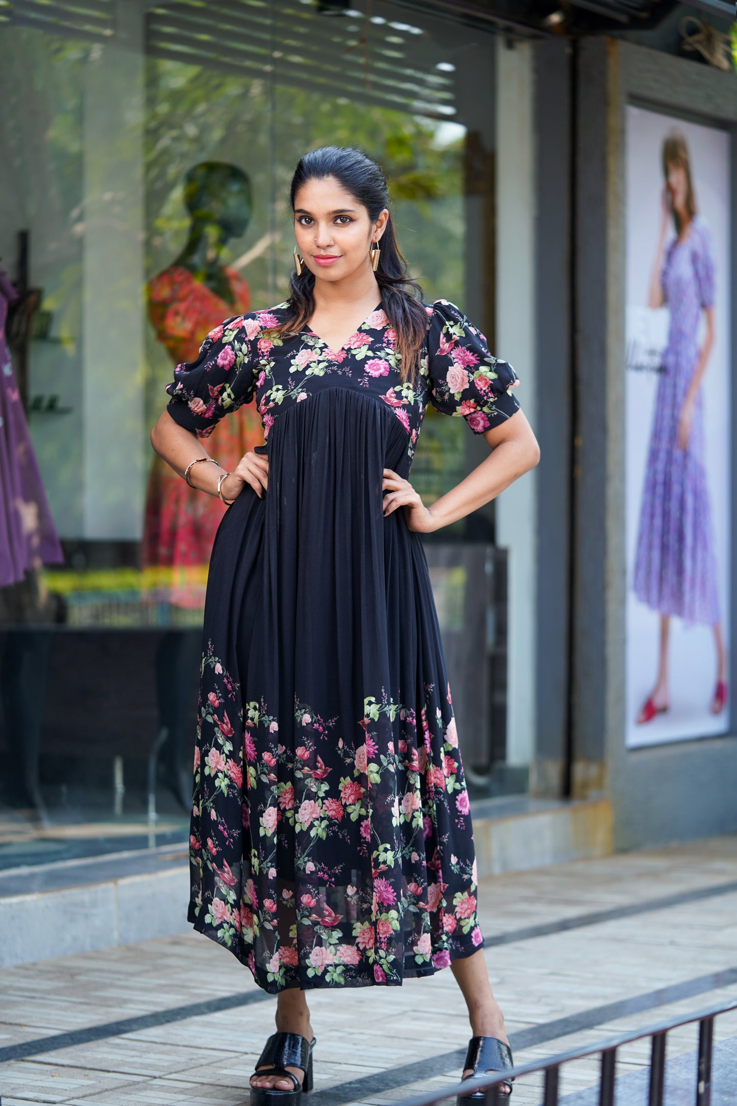 Black Georgette Floral Dress