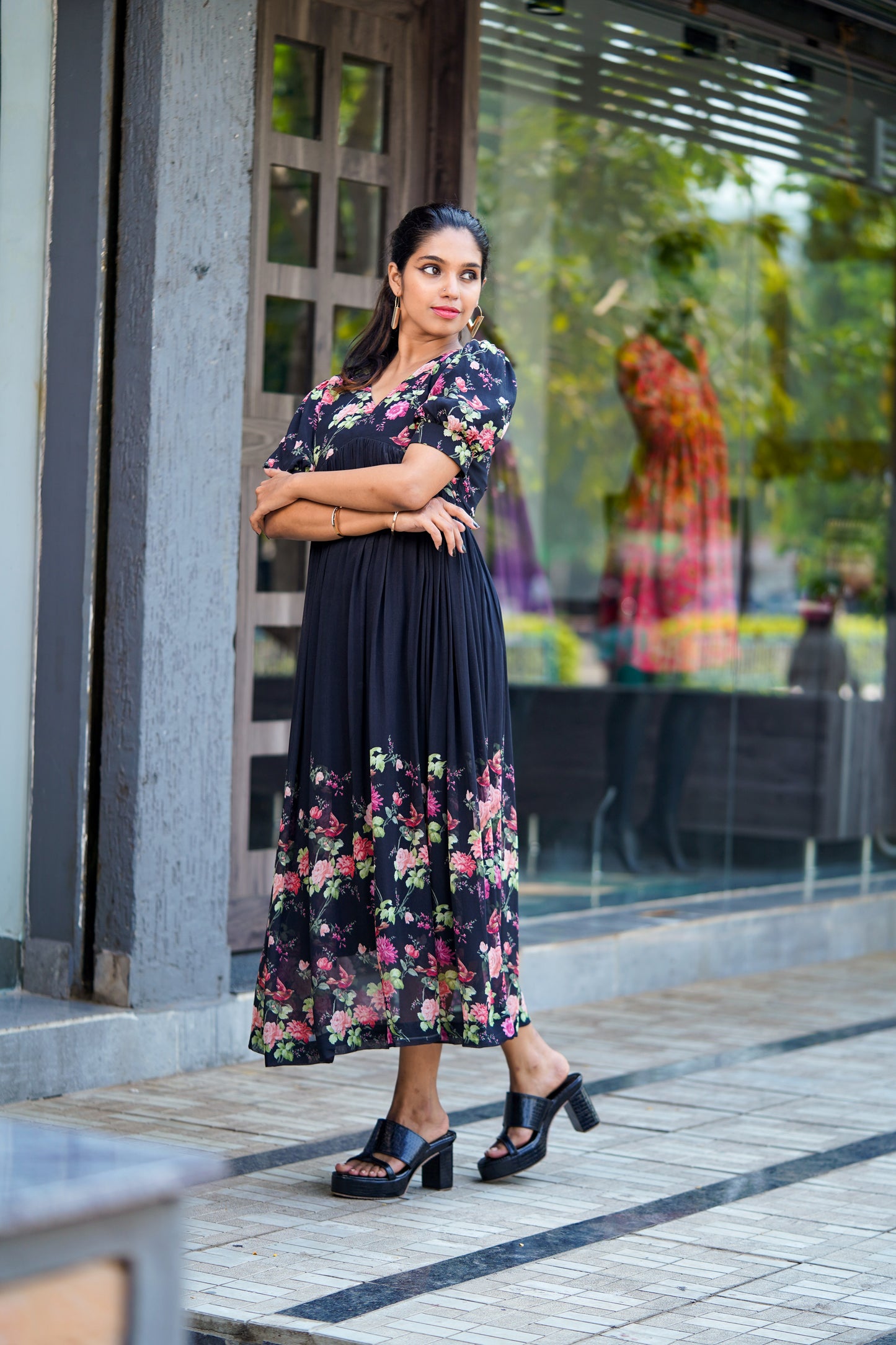 Black Georgette Floral Dress