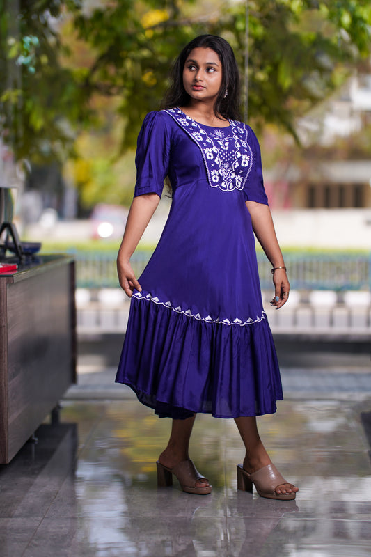 Embroidered Muslin Cotton Midi Dress – Fit & Flare Elegance