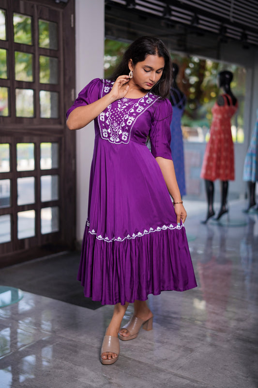 Embroidered Muslin Cotton Midi Dress – Fit & Flare Elegance