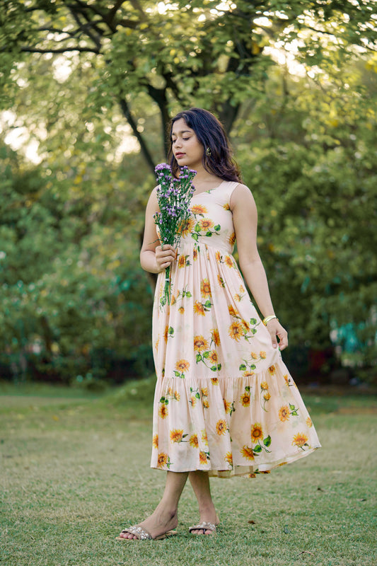 Sunflower Print Midi Dress