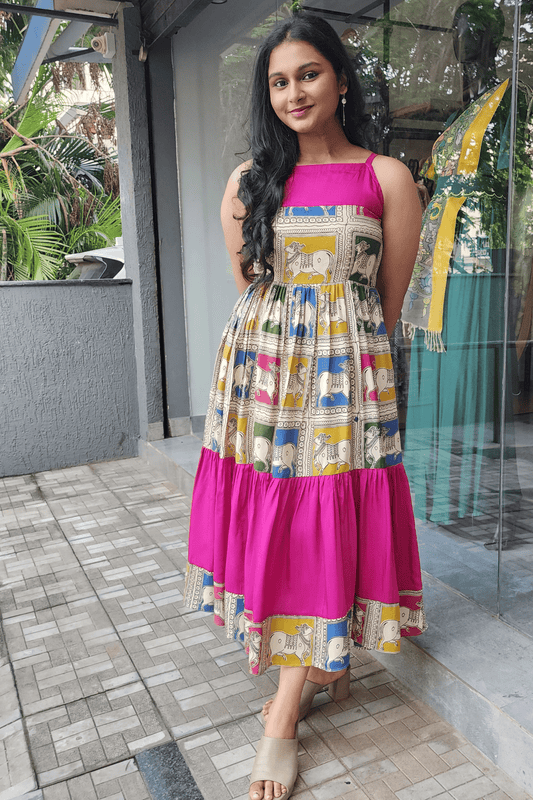 Kalamkari Pichwai Print Dress - Pink