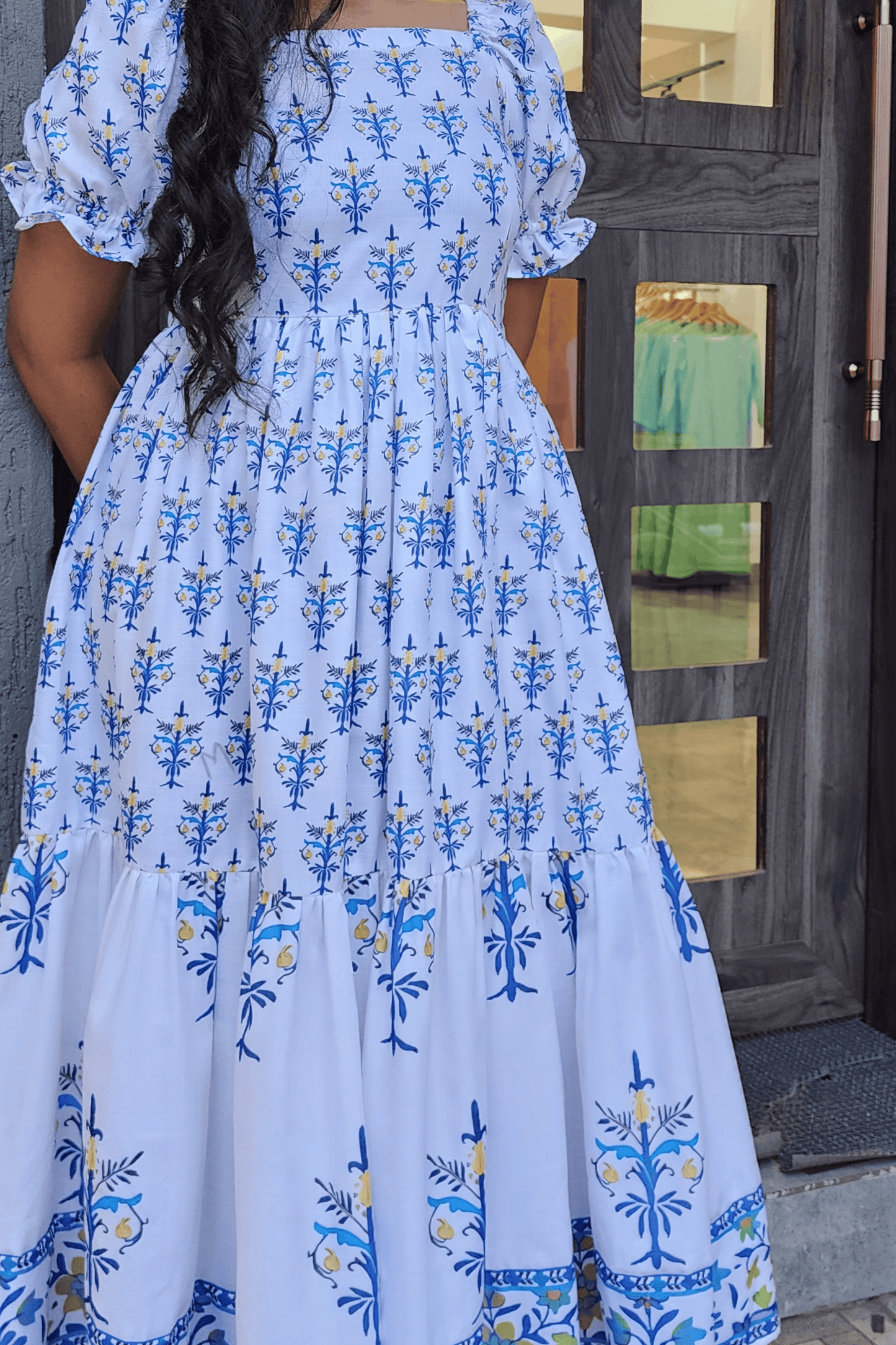 Blue Jaipur Print Cotton Tiered Dress
