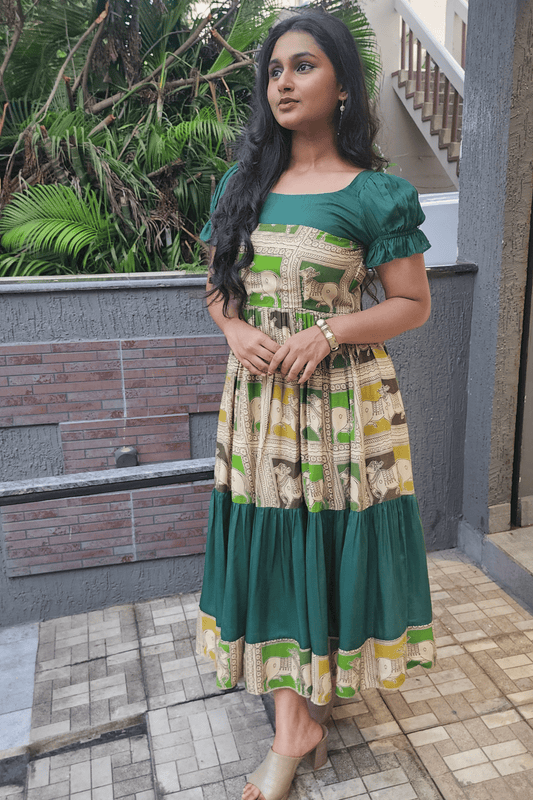Kalamkari Pichwai Print Dress - Green Hues