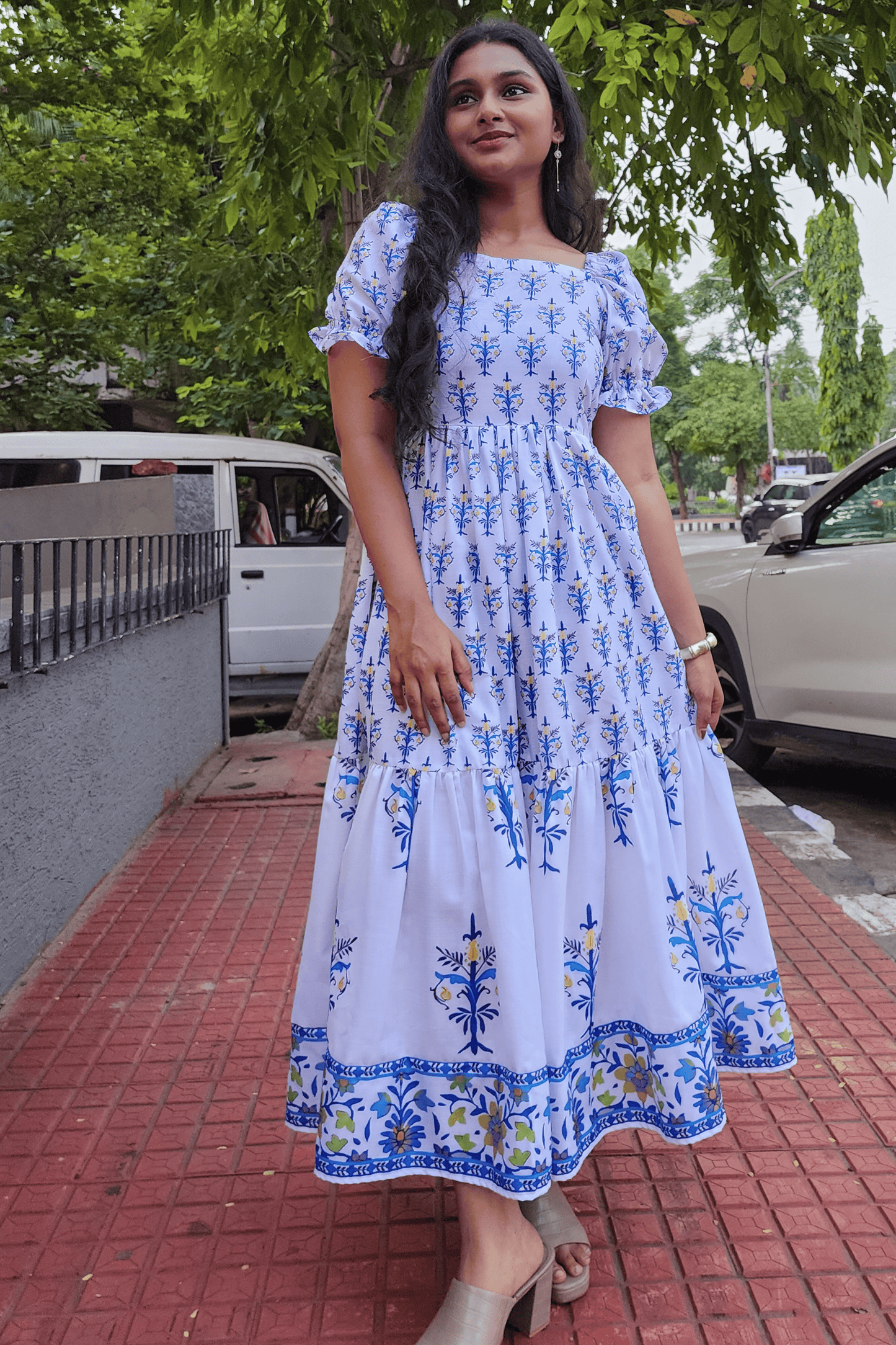 Blue Jaipur Print Cotton Tiered Dress