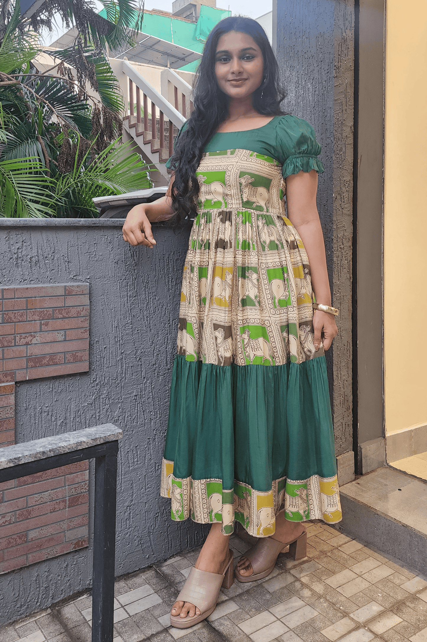 Kalamkari Pichwai Print Dress - Green Hues