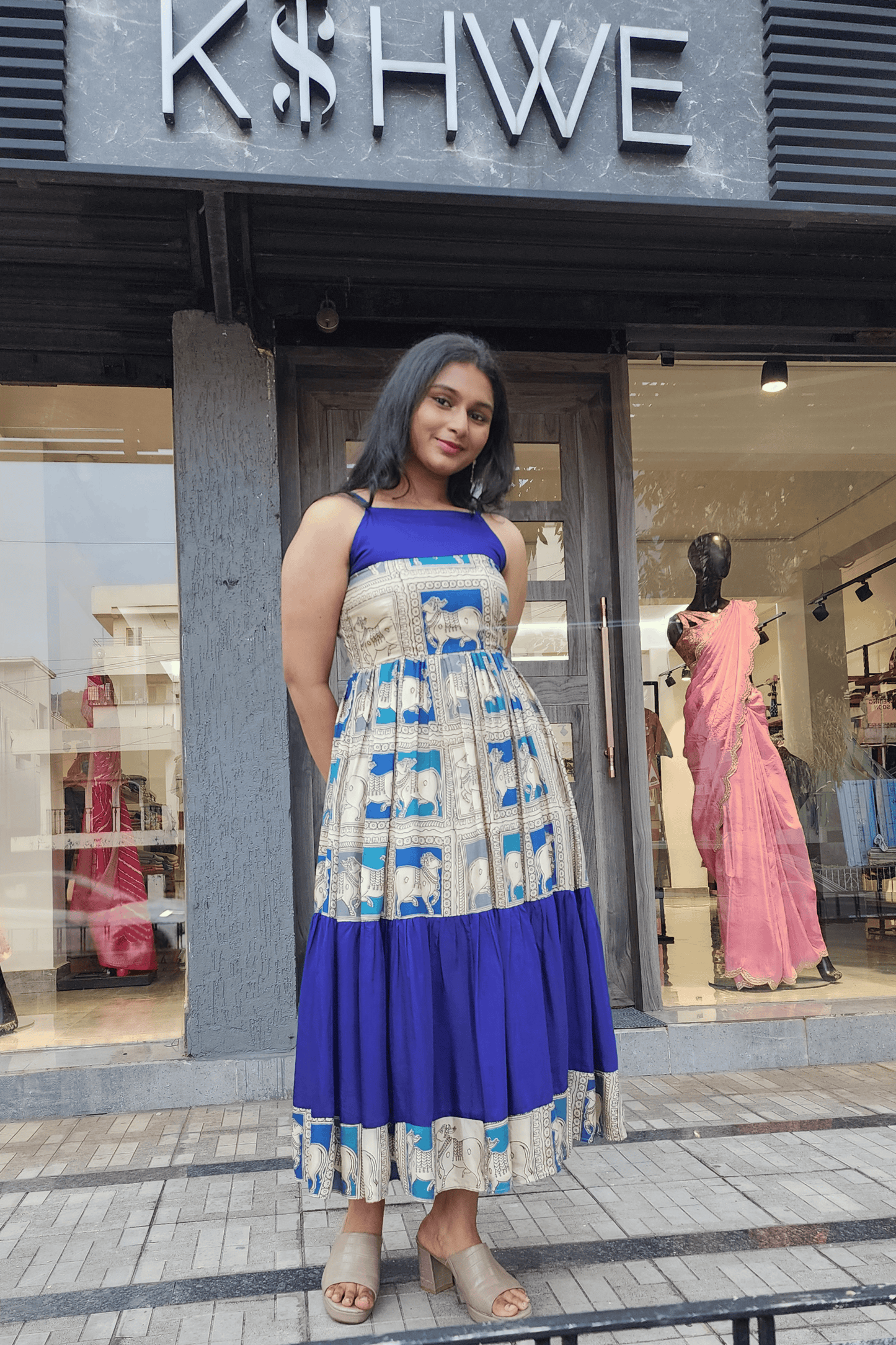 Kalamkari Pichwai Dress - Blue Hues