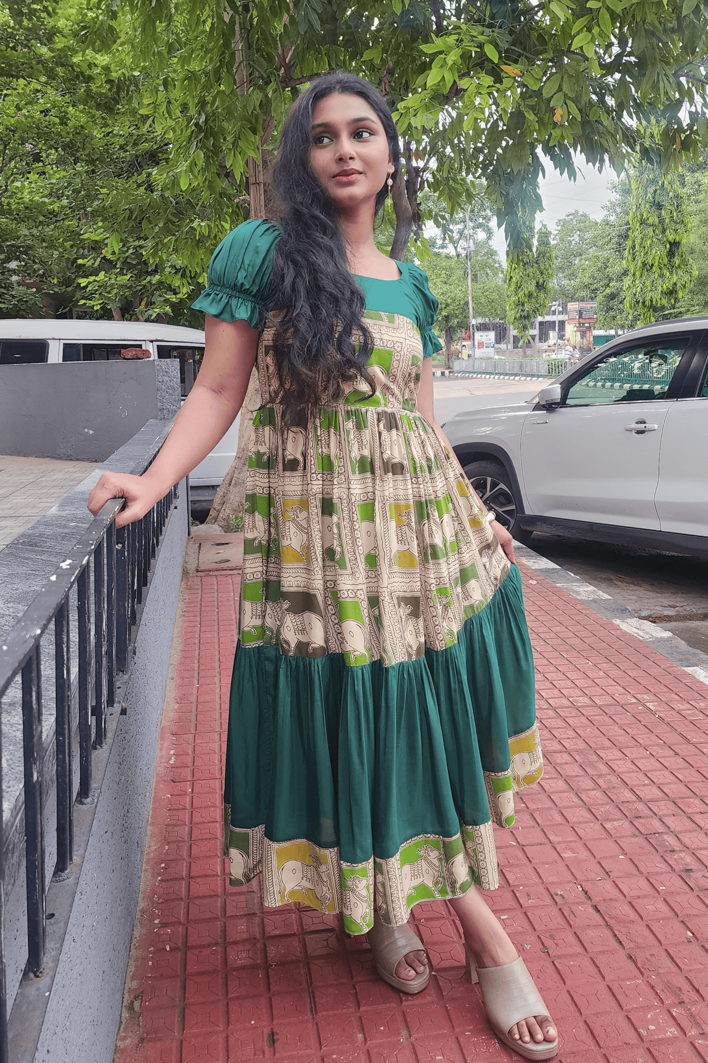 Kalamkari Pichwai Print Dress - Green Hues