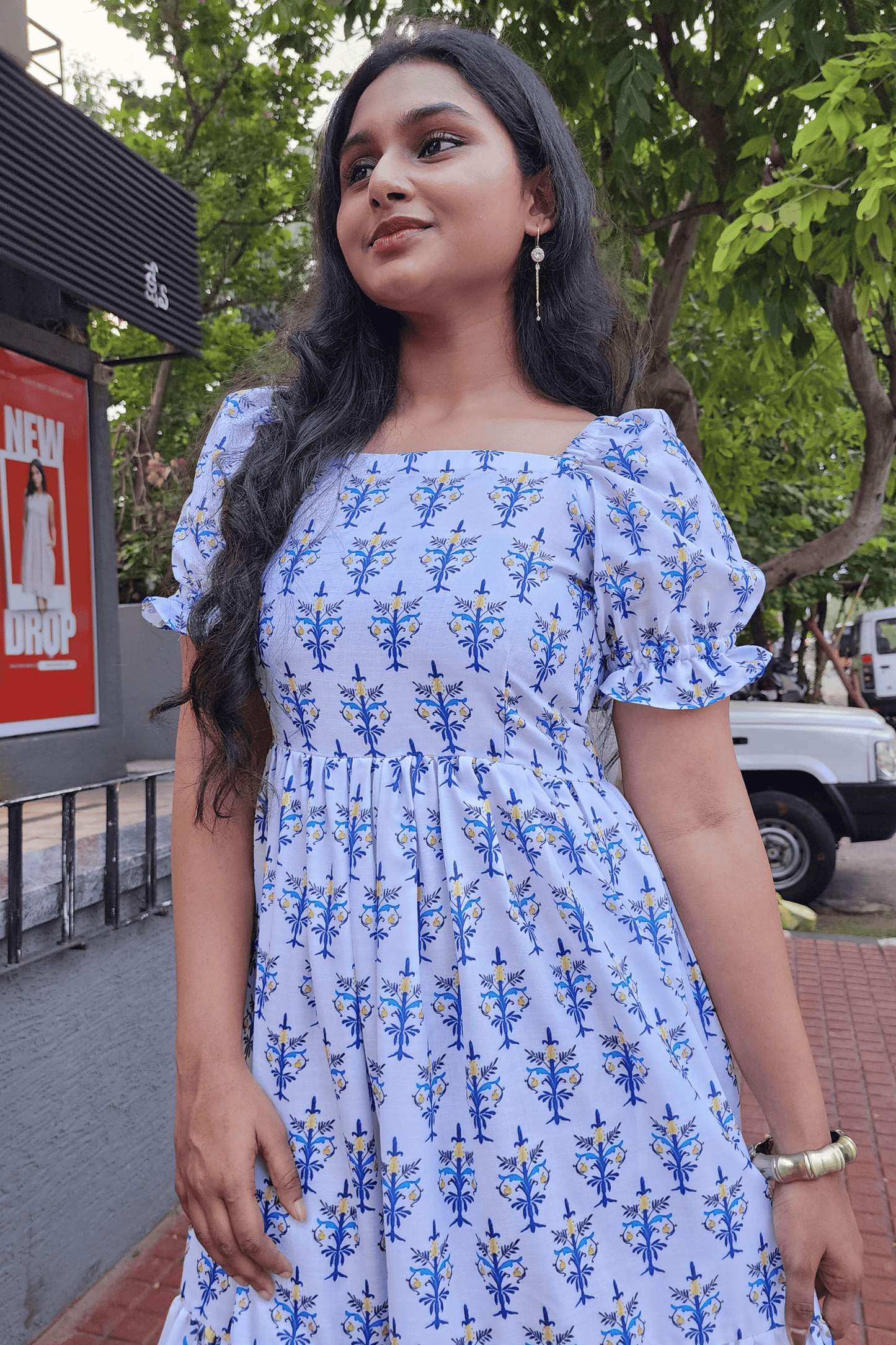 Blue Jaipur Print Cotton Tiered Dress