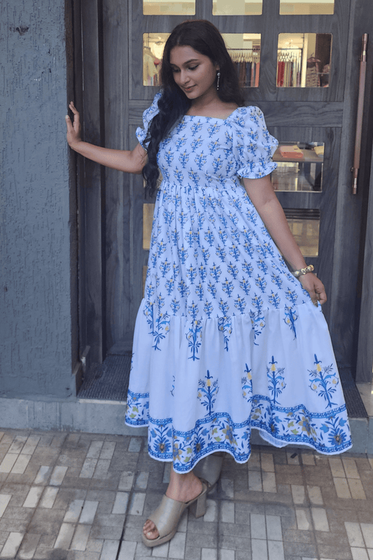 Blue Jaipur Print Cotton Tiered Dress