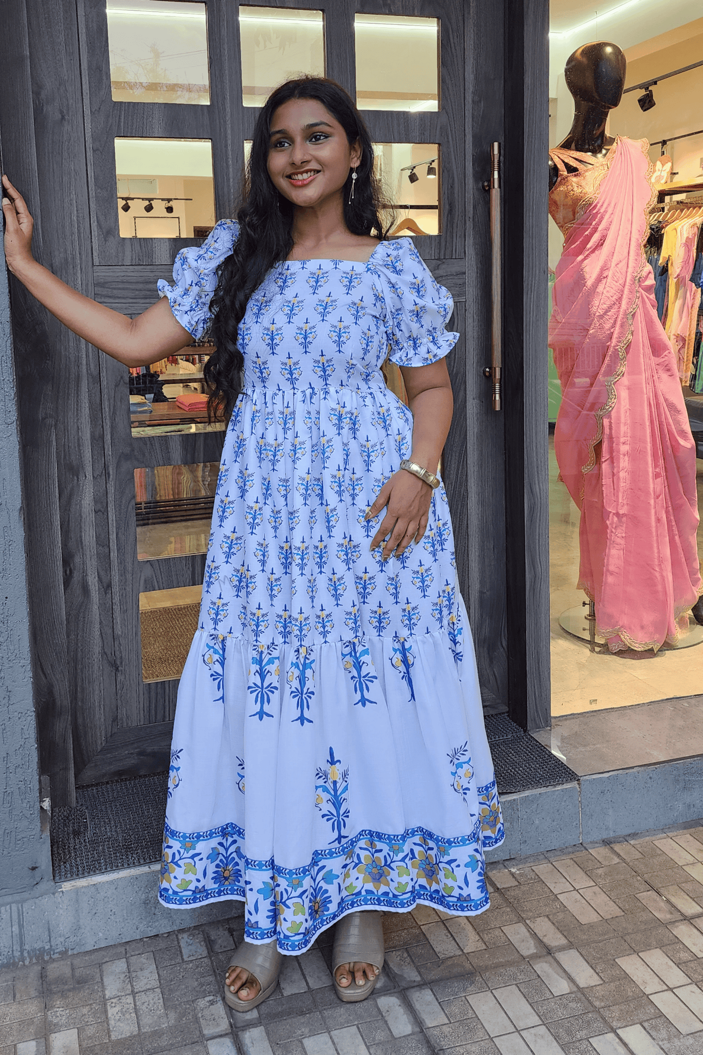Blue Jaipur Print Cotton Tiered Dress