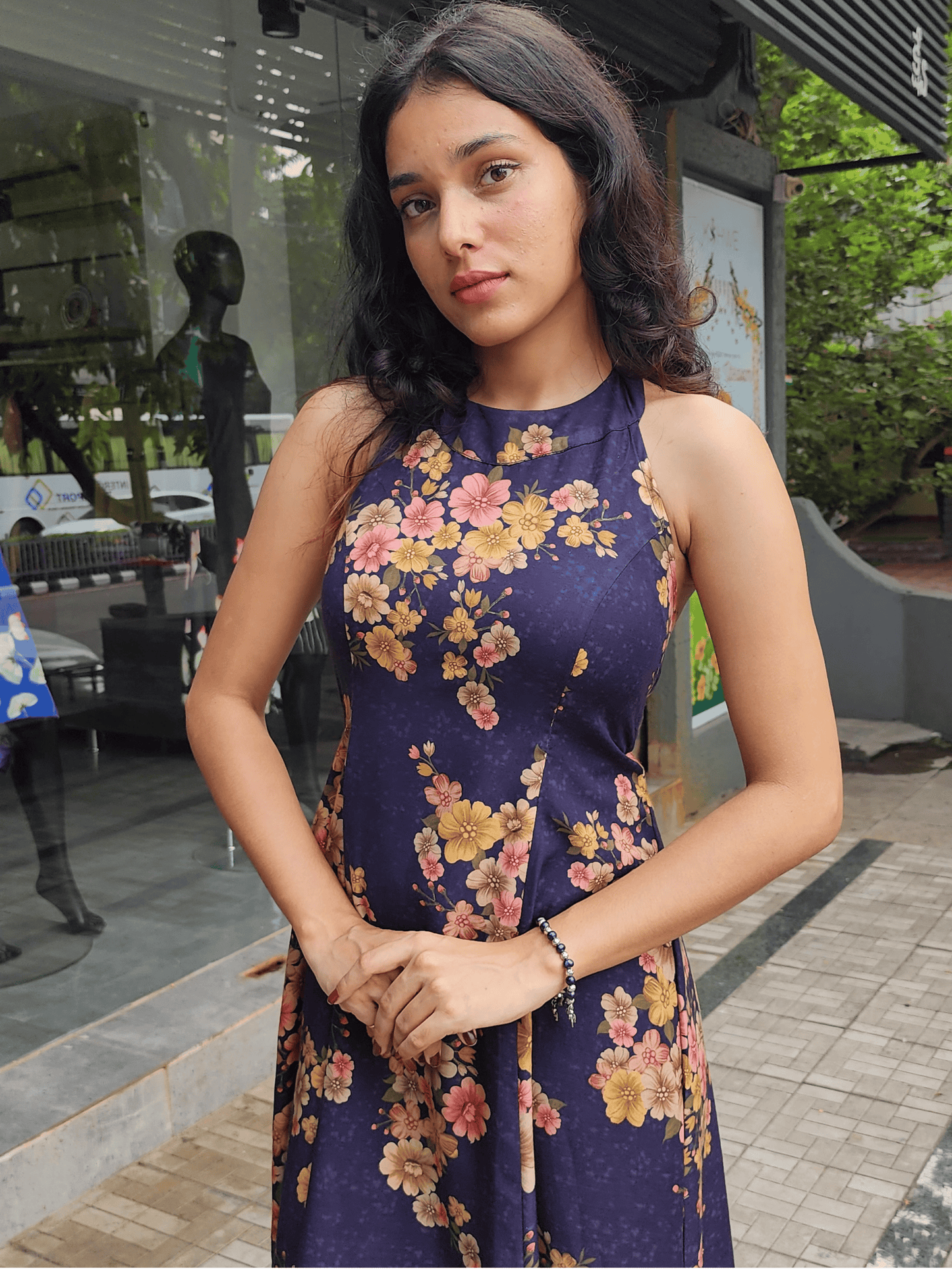 Deep Blue Floral Halter Neck Dress