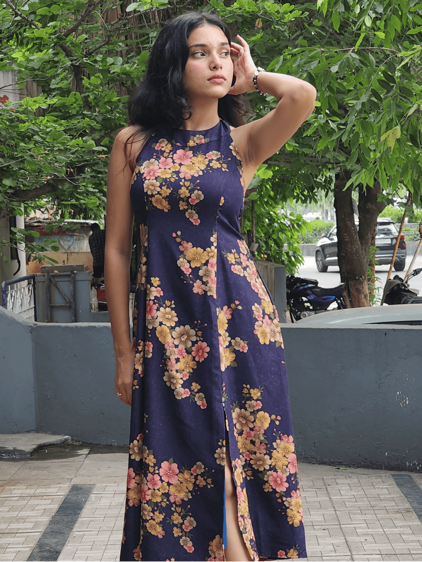 Deep Blue Floral Halter Neck Dress