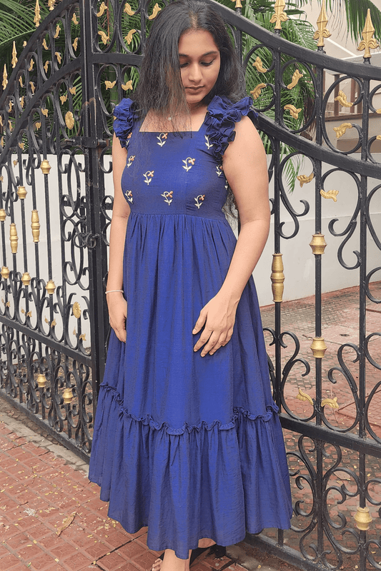 Handwoven Jamdani Dress – Floral Embroidered Yoke & Ruffle Sleeves