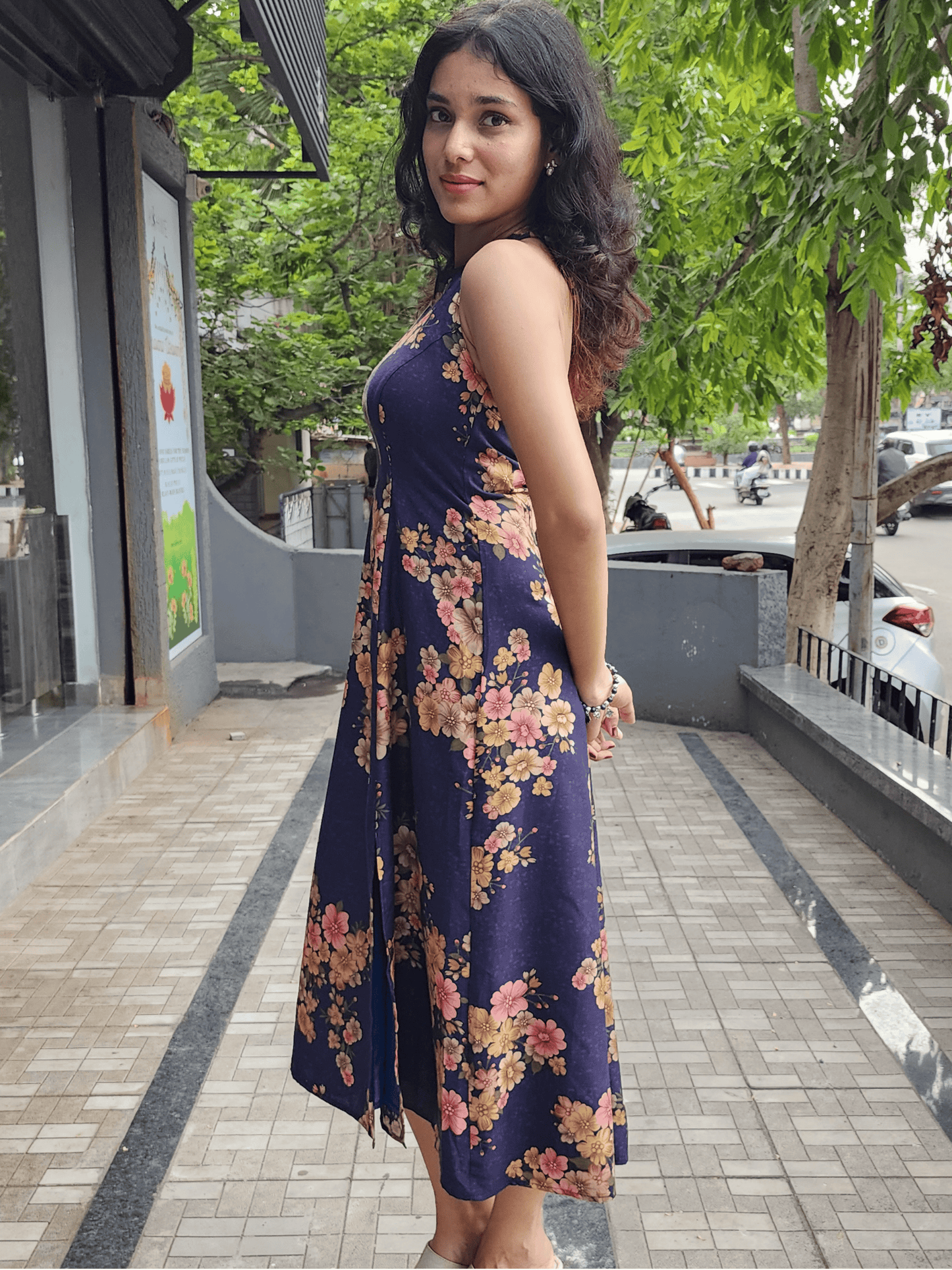 Deep Blue Floral Halter Neck Dress