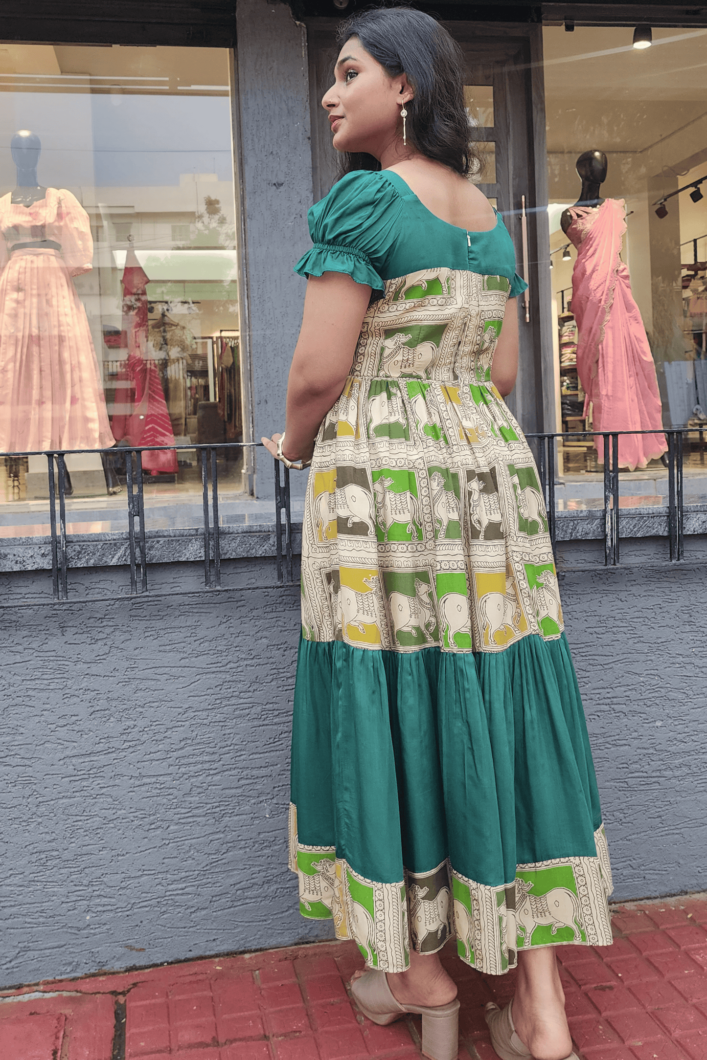 Kalamkari Pichwai Print Dress - Green Hues