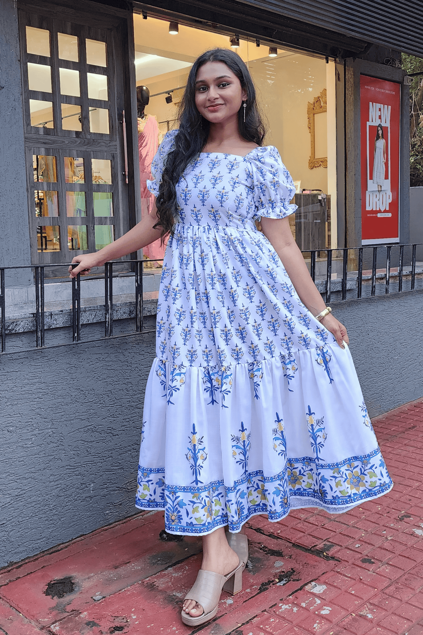 Blue Jaipur Print Cotton Tiered Dress