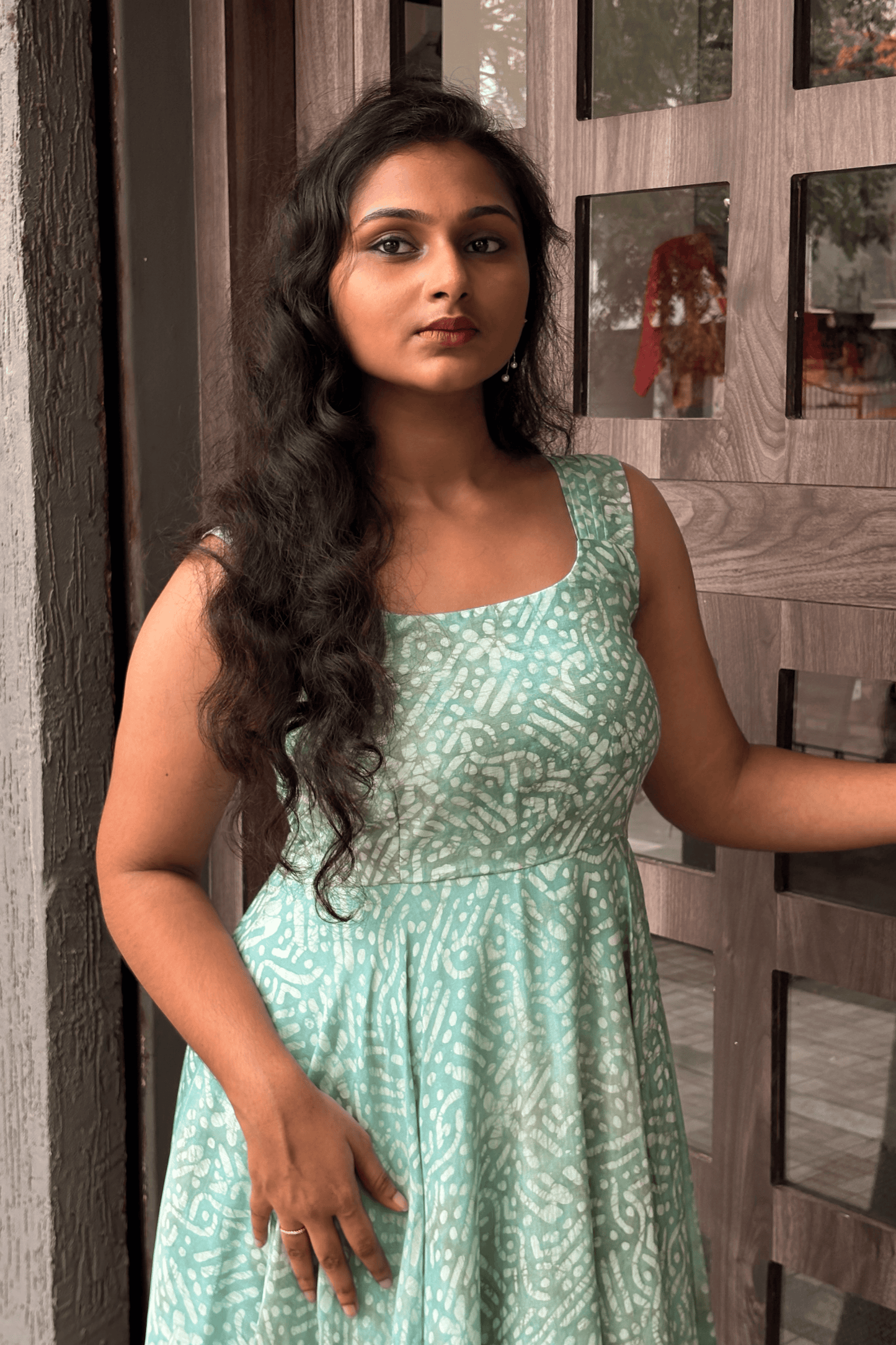 Green Shibori Dress – Back Bow, Circle Cut Skirt & Pleated Sleeve Detail