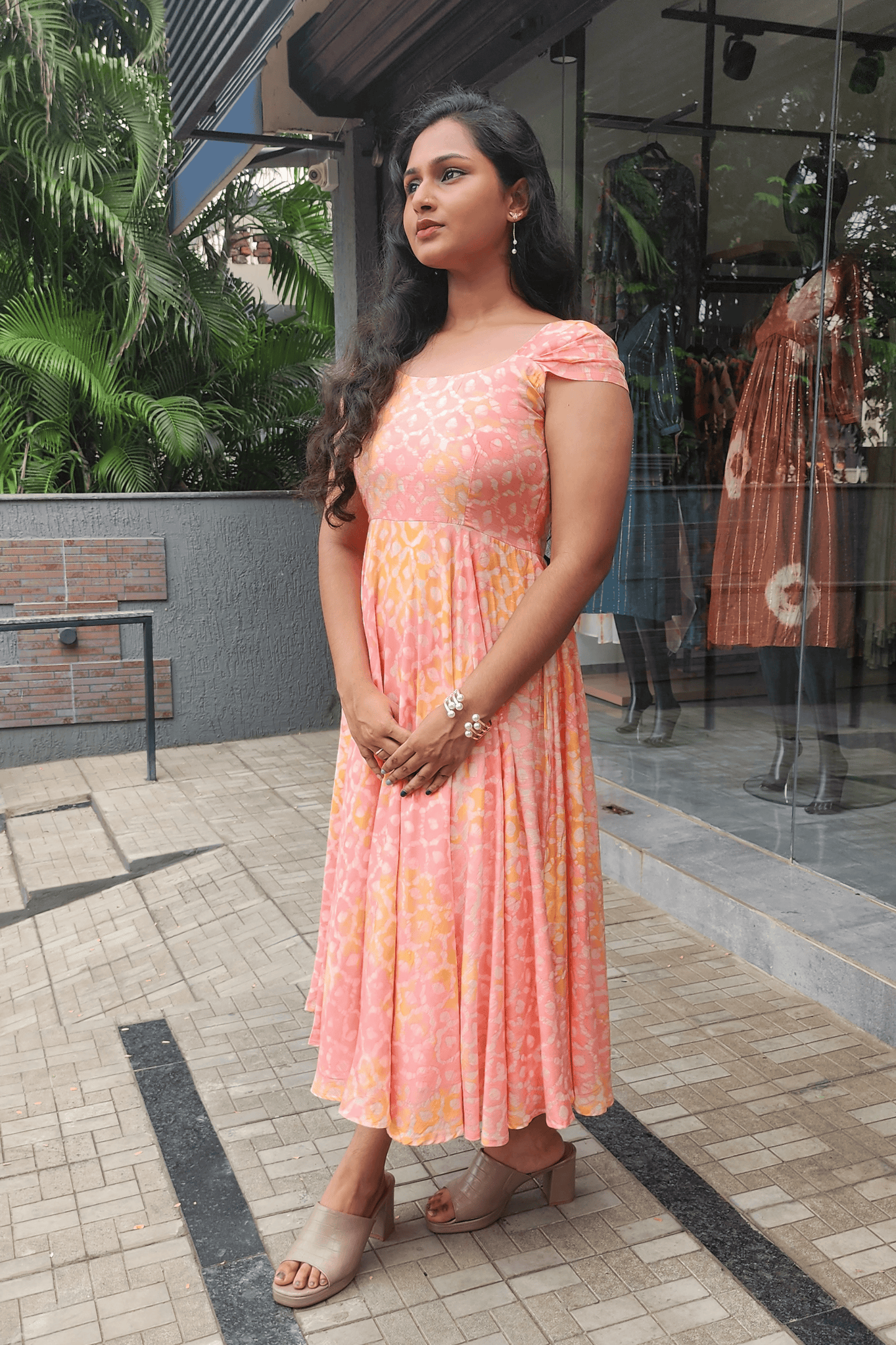 Pink Shibori Dress – Back Bow, Circle Cut Skirt & Pleated Sleeve Detail