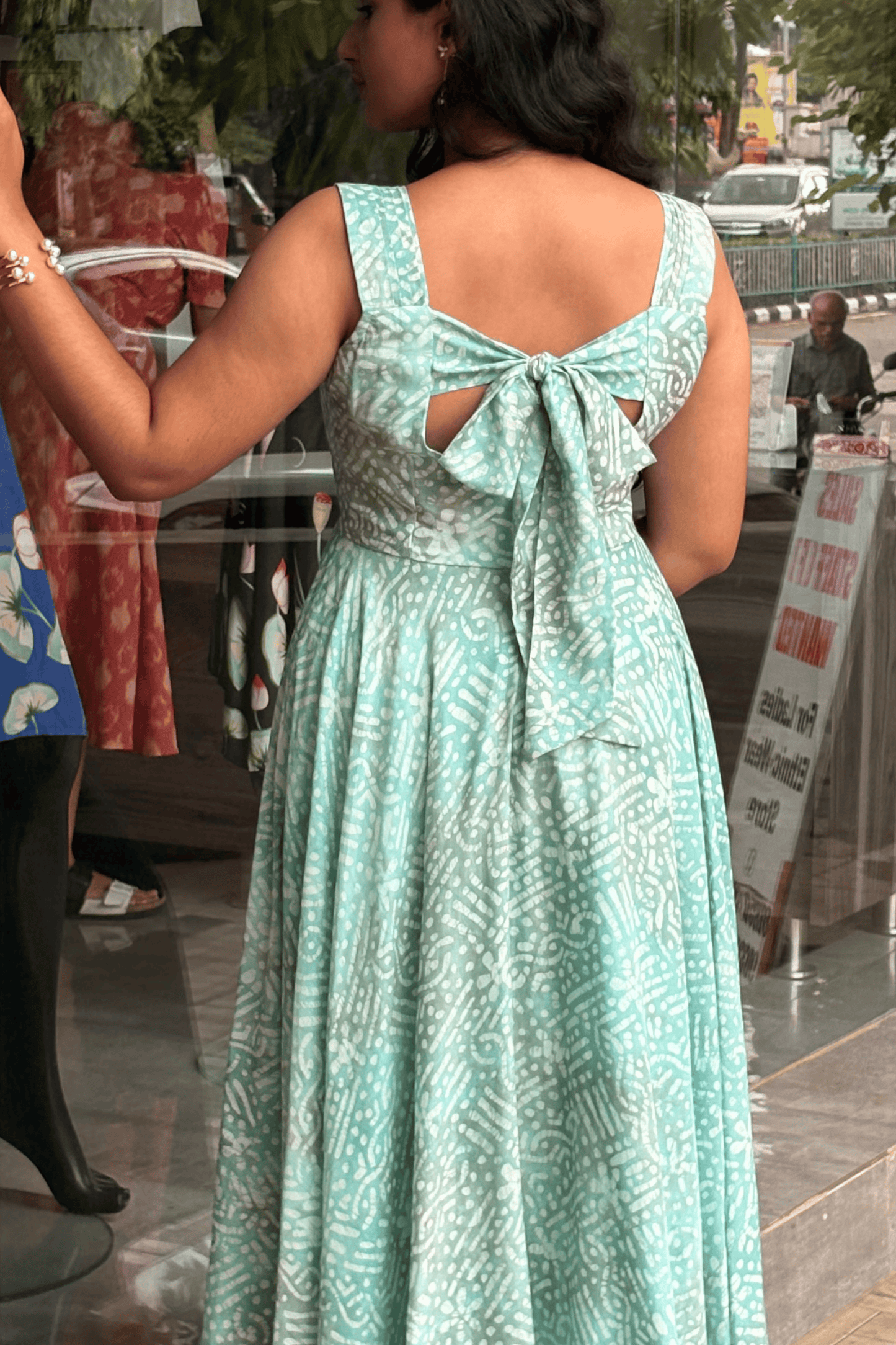 Green Shibori Dress – Back Bow, Circle Cut Skirt & Pleated Sleeve Detail
