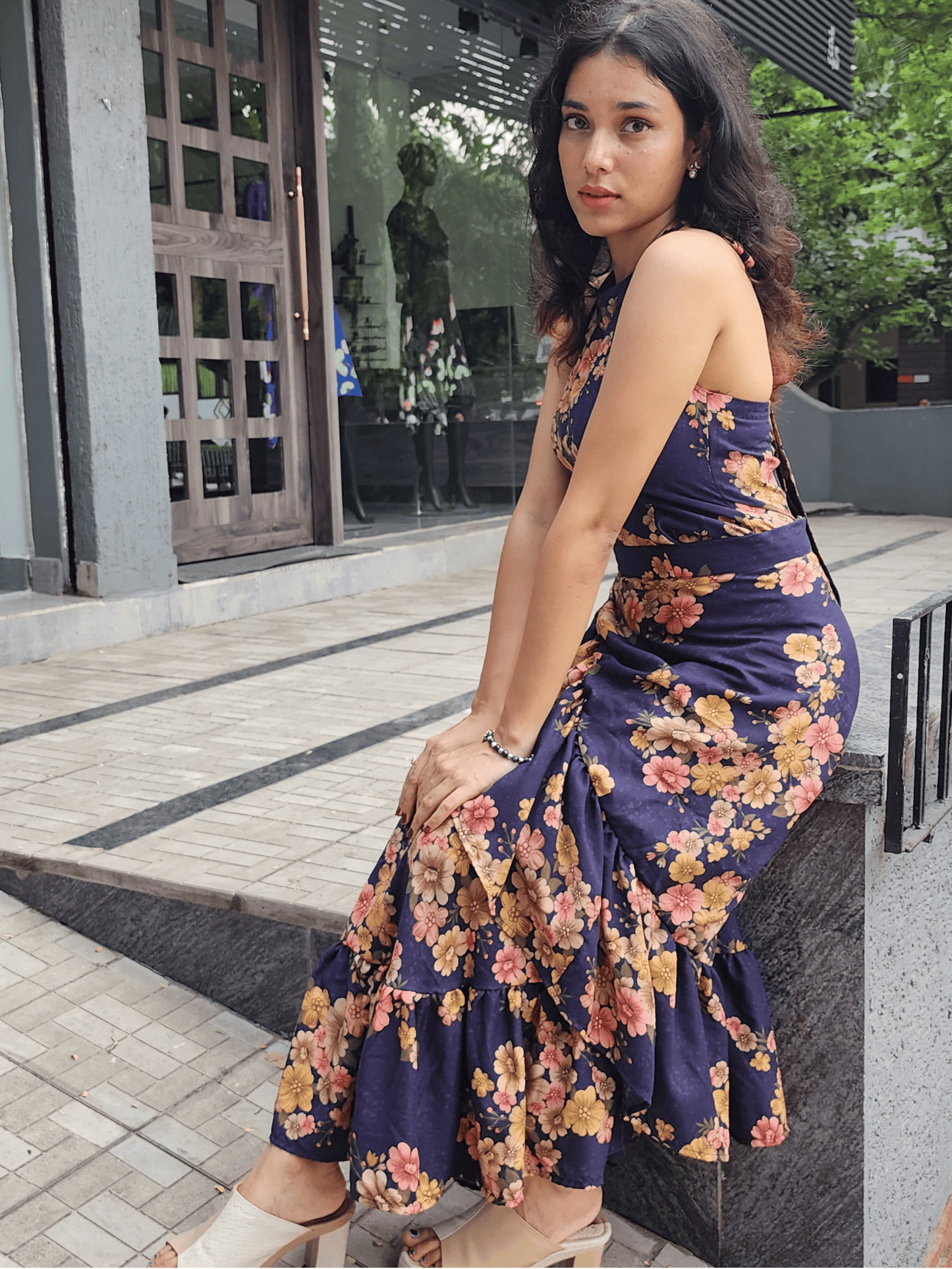 Deep Blue Floral Co-ord Set – Wrap Skirt & Crop Top