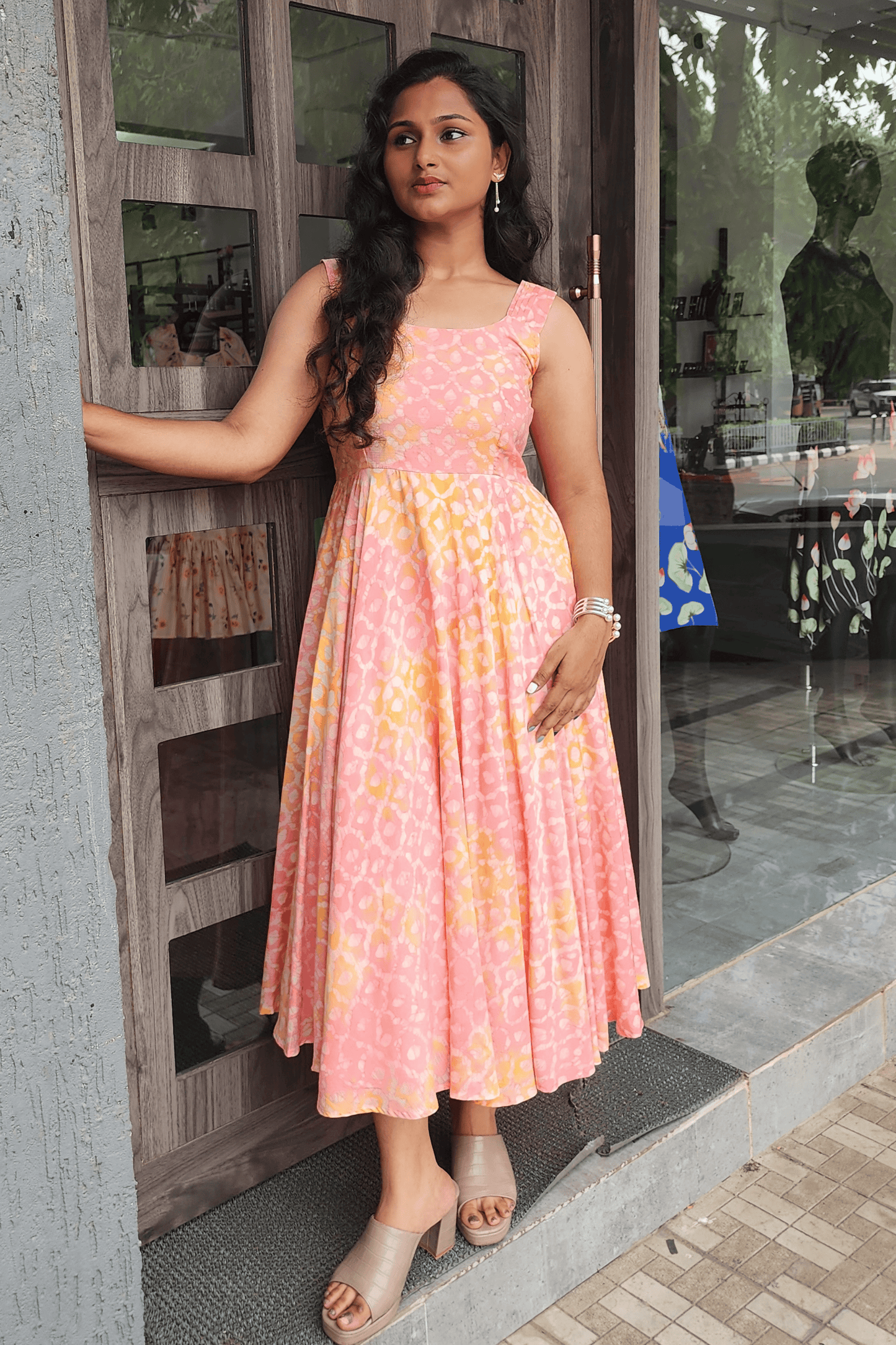Pink Shibori Dress – Back Bow, Circle Cut Skirt & Pleated Sleeve Detail