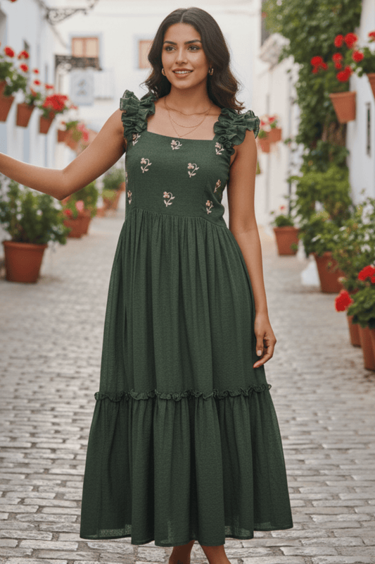 Handwoven Jamdani Dress – Bottle Green
