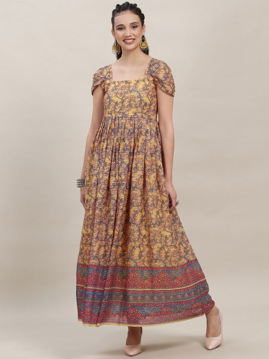 Pleated Sleeve Georgette Kurti - Yellow